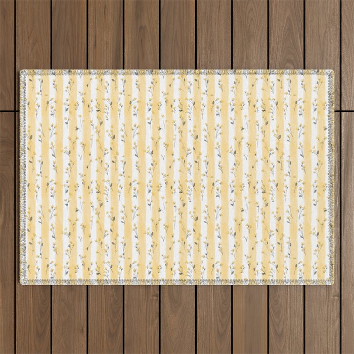 Buttercup Yellow Flower Blossoms on Butter Yellow Streaky Stripes Outdoor Rug Gallery Image 1