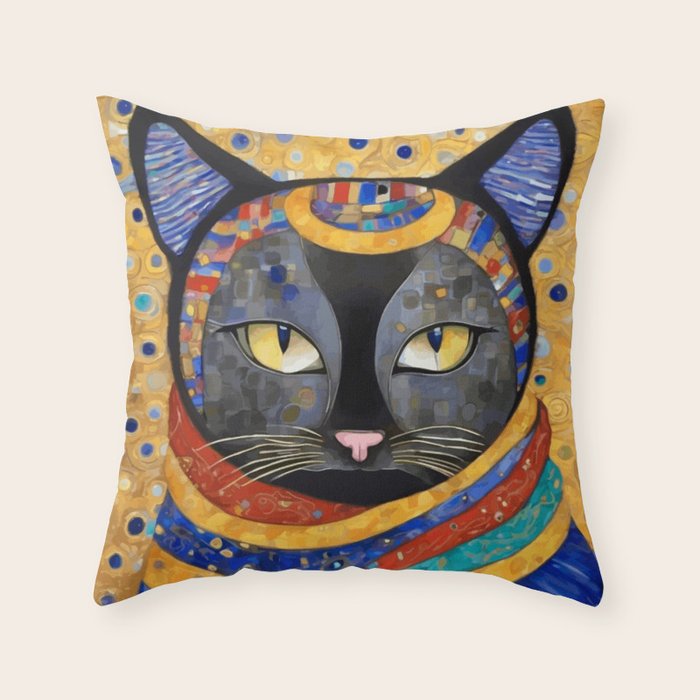 Gustav Klimt Cat with Colorful Clothing  Throw Pillow Gallery Image 1