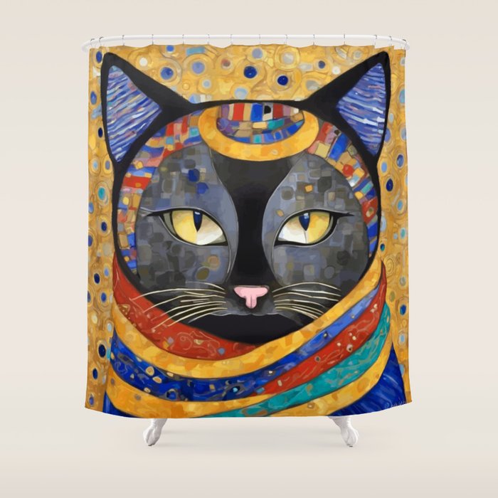 Gustav Klimt Cat with Colorful Clothing  Shower Curtain Gallery Image 1