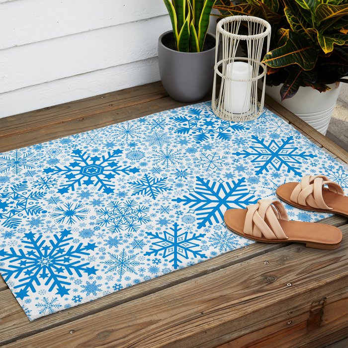 Blue Snowflakes - Light Background Outdoor Rug Gallery Image 2