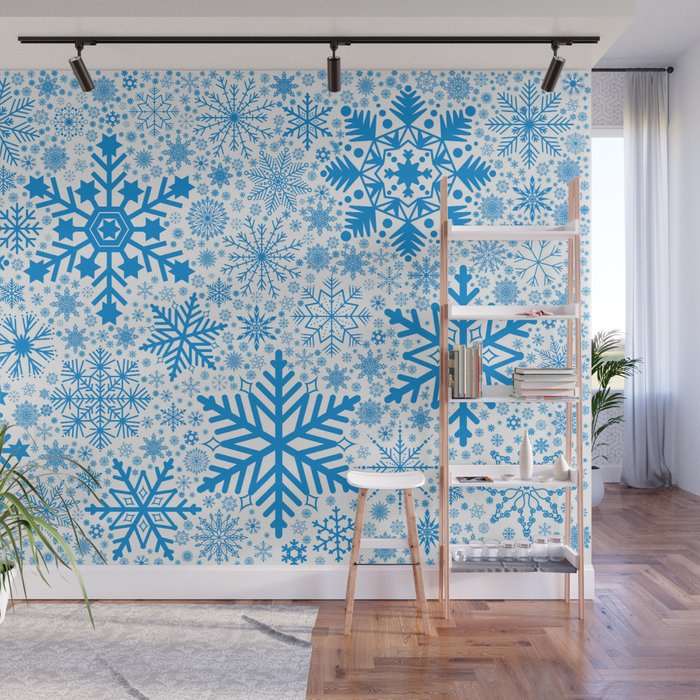 Blue Snowflakes - Light Background Wall Mural Gallery Image 1