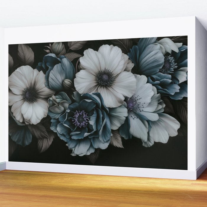 Twilight Floral Symphony In Turquoise Ivory Baroque Tones Wall Mural Gallery Image 2