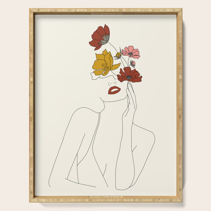 Colorful Thoughts Minimal Line Art Woman with Flowers Serving Tray Gallery Image 1