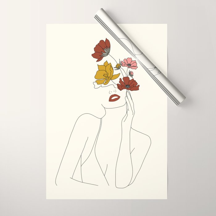 Colorful Thoughts Minimal Line Art Woman with Flowers Wrapping Paper Gallery Image 1