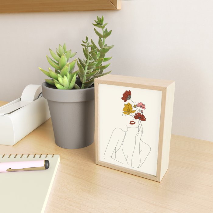 Colorful Thoughts Minimal Line Art Woman with Flowers Mini Art Print Gallery Image 2