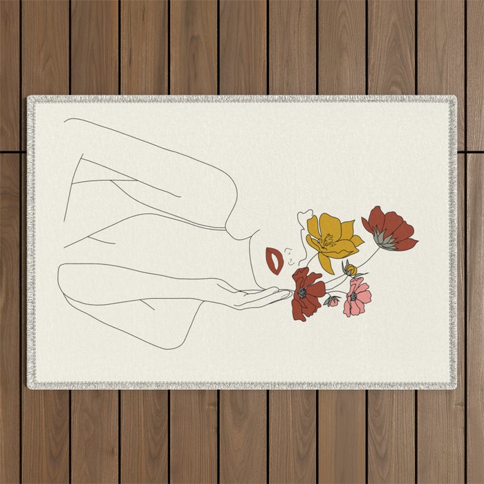 Colorful Thoughts Minimal Line Art Woman with Flowers Outdoor Rug Gallery Image 1