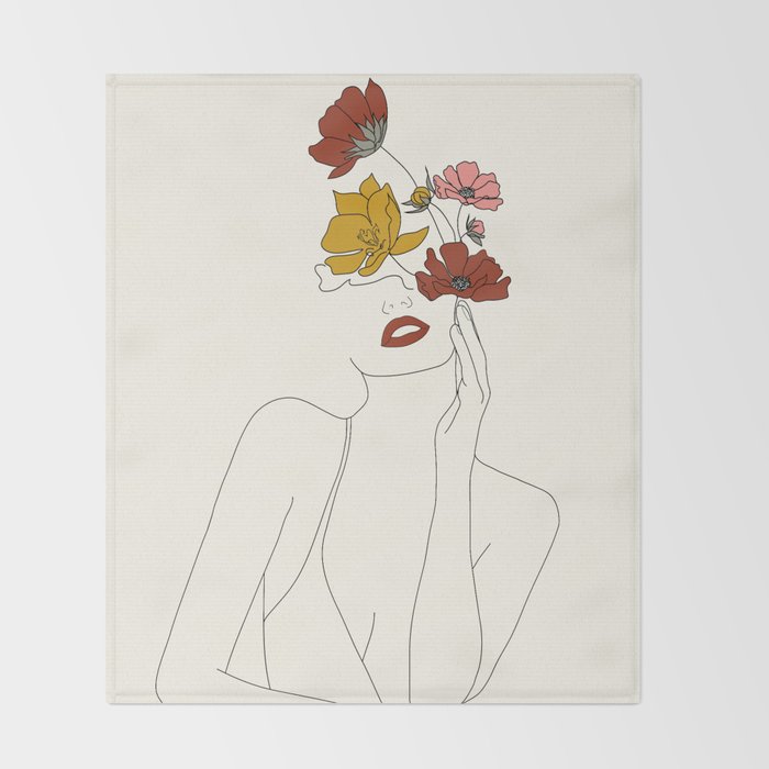 Colorful Thoughts Minimal Line Art Woman with Flowers Throw Blanket Gallery Image 2