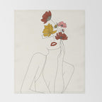 Colorful Thoughts Minimal Line Art Woman with Flowers Throw Blanket Gallery Image 2