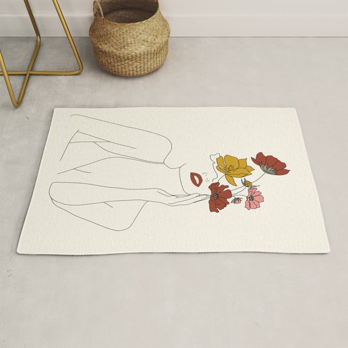 Colorful Thoughts Minimal Line Art Woman with Flowers Rug Gallery Image 1