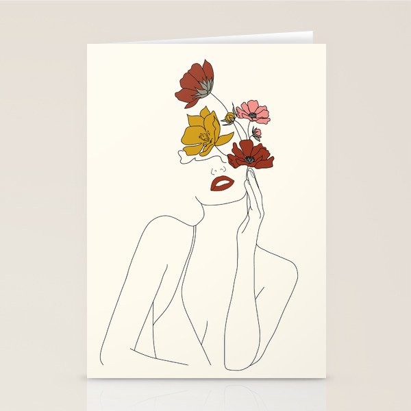 Colorful Thoughts Minimal Line Art Woman with Flowers Stationery Card Gallery Image 1