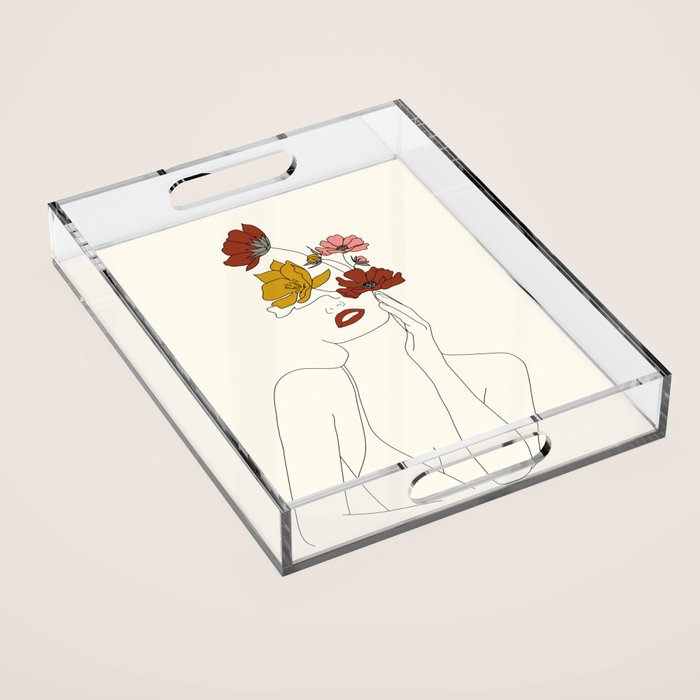 Colorful Thoughts Minimal Line Art Woman with Flowers Acrylic Tray Gallery Image 1