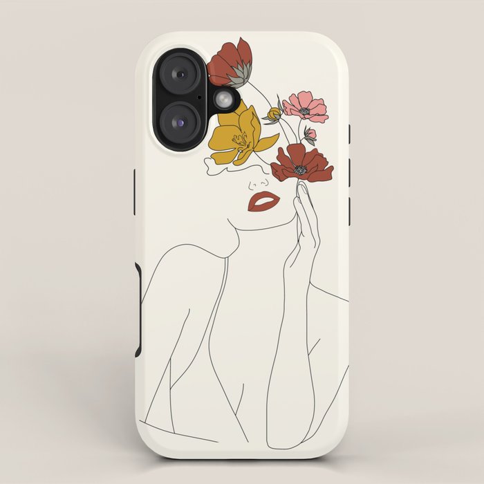 Colorful Thoughts Minimal Line Art Woman with Flowers iPhone Case Gallery Image 1