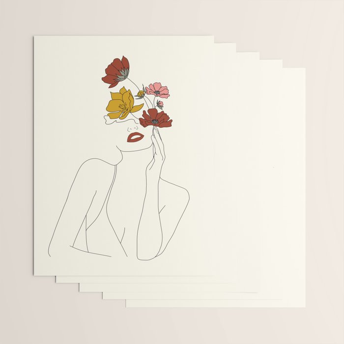 Colorful Thoughts Minimal Line Art Woman with Flowers Wrapping Paper Gallery Image 3