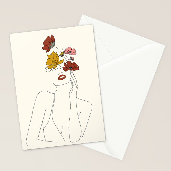 Colorful Thoughts Minimal Line Art Woman with Flowers Stationery Card Gallery Image 2
