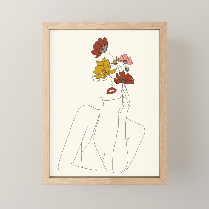 Colorful Thoughts Minimal Line Art Woman with Flowers Mini Art Print Gallery Image 1