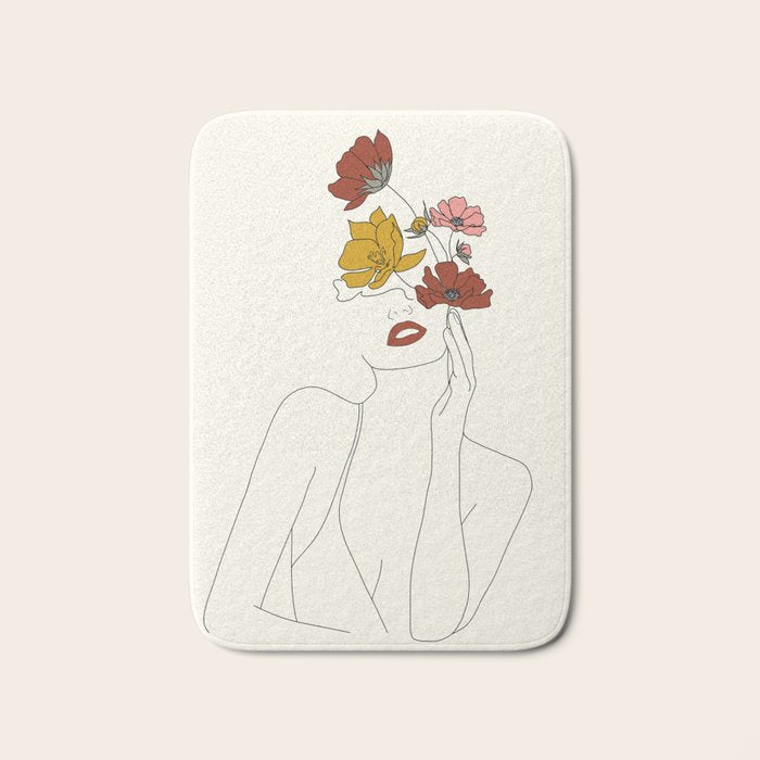 Colorful Thoughts Minimal Line Art Woman with Flowers Bath Mat Gallery Image 1