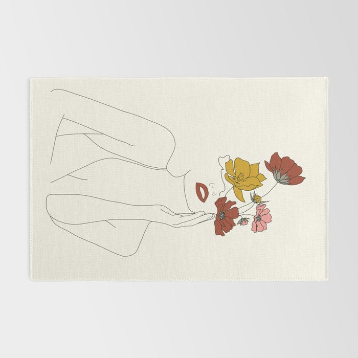 Colorful Thoughts Minimal Line Art Woman with Flowers Rug Gallery Image 2