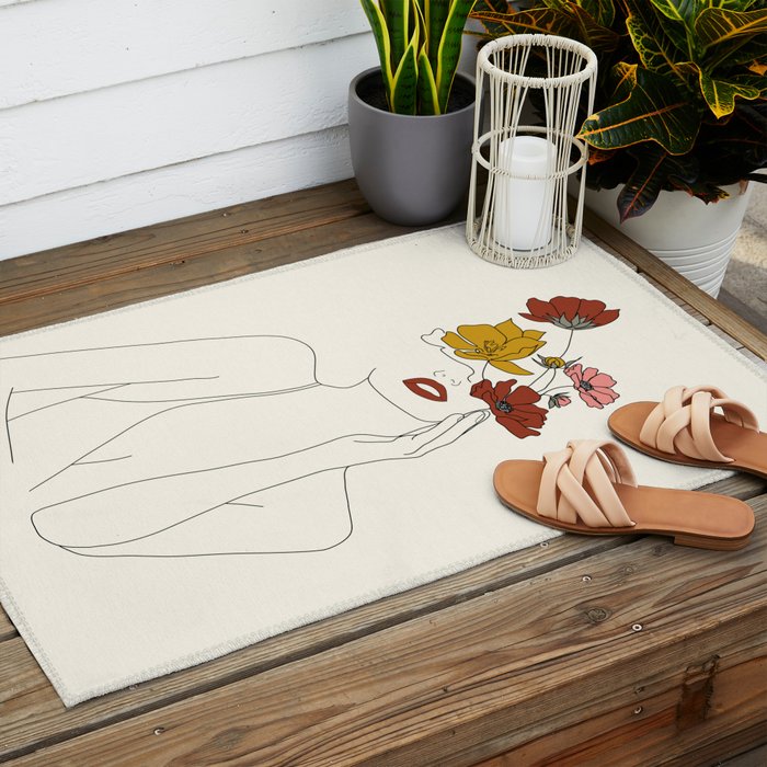 Colorful Thoughts Minimal Line Art Woman with Flowers Outdoor Rug Gallery Image 2