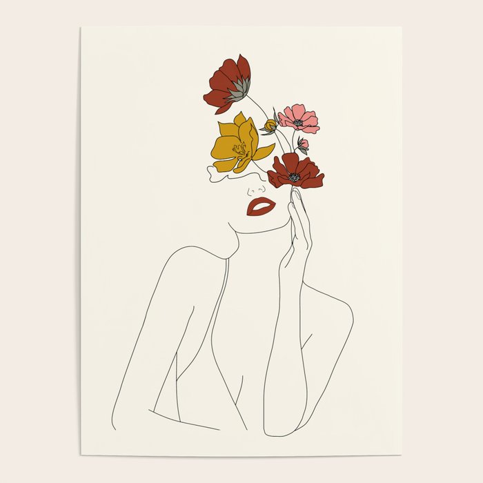 Colorful Thoughts Minimal Line Art Woman with Flowers Poster Gallery Image 4