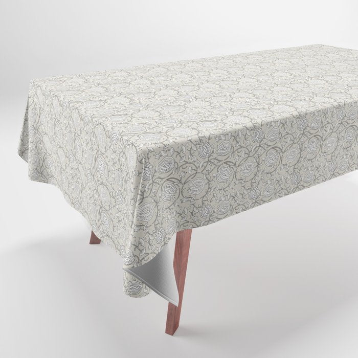 Lotus Block Print Floral - Beige White Tablecloth Gallery Image 1