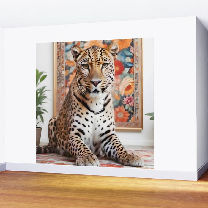 Summer Home, Leopard Tiger Cheetah Indoors Moroccan Rug, Photography Eclectic Wildlife Animals, Home Pets Wild Cats Wall Mural Gallery Image 2