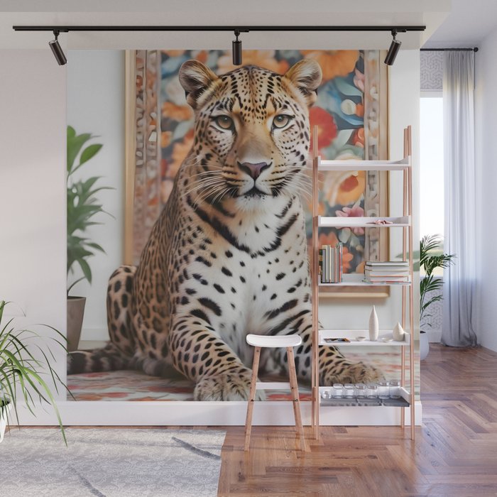 Summer Home, Leopard Tiger Cheetah Indoors Moroccan Rug, Photography Eclectic Wildlife Animals, Home Pets Wild Cats Wall Mural Gallery Image 1