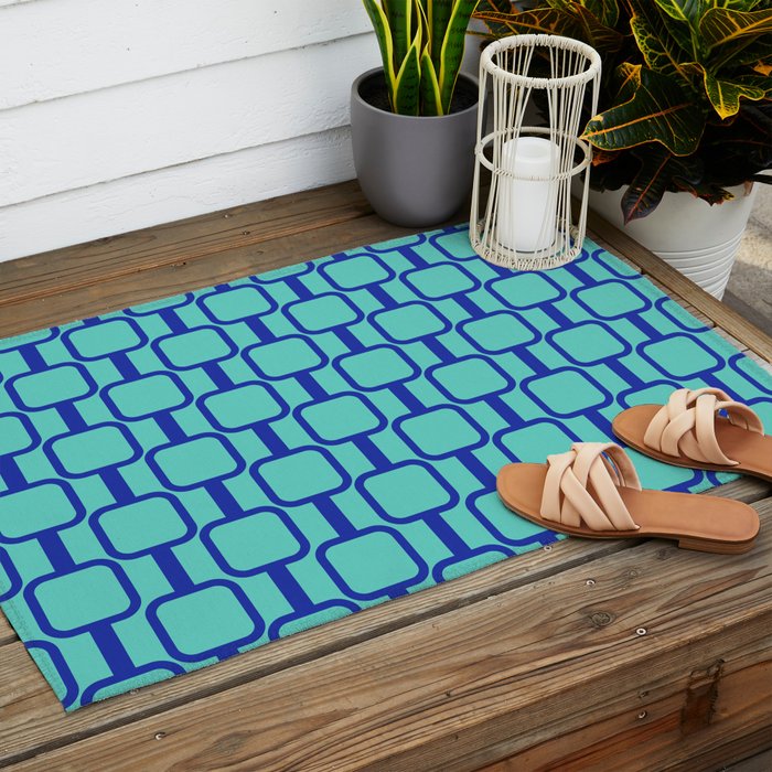 Mod Links Mid Century Modern Geometric Pattern Aqua Blue Outdoor Rug Gallery Image 2