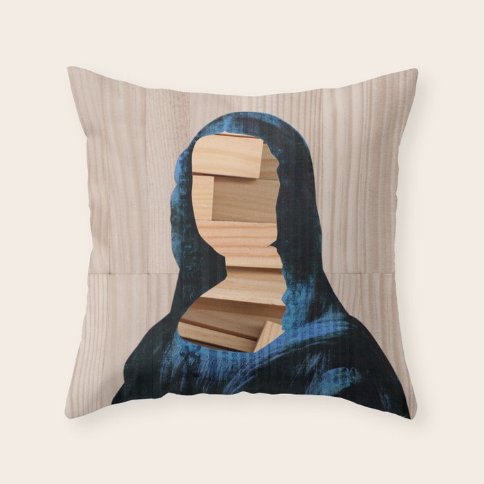 Mona Lisa - blue shining WoodCut Collage 2 Throw Pillow Gallery Image 6