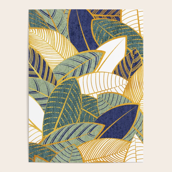 Leaf wall // navy blue pine and sage green leaves golden lines Poster Gallery Image 1