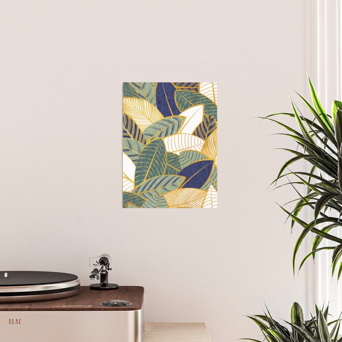 Leaf wall // navy blue pine and sage green leaves golden lines Poster Gallery Image 2