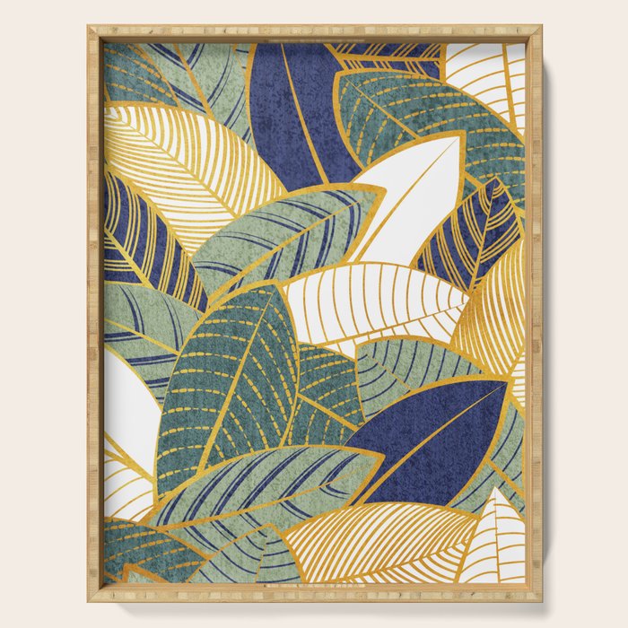 Leaf wall // navy blue pine and sage green leaves golden lines Serving Tray Gallery Image 1