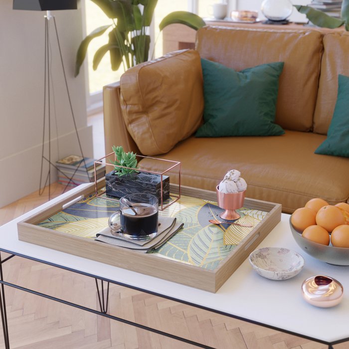 Leaf wall // navy blue pine and sage green leaves golden lines Serving Tray Gallery Image 2