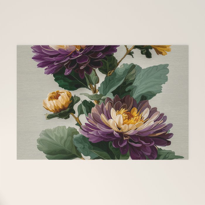 Birthflower Gift Aster Flower Art Floral Print Japanese Wall Art Poster Birthday Painting for her Welcome Mat Gallery Image 1