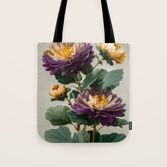 Birthflower Gift Aster Flower Art Floral Print Japanese Wall Art Poster Birthday Painting for her Tote Bag Gallery Image 1