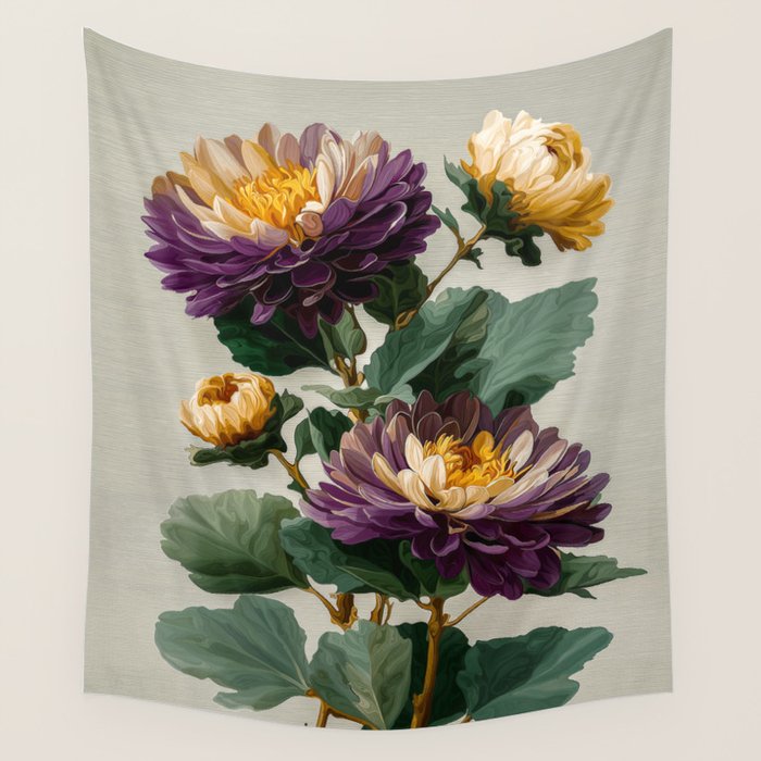 Birthflower Gift Aster Flower Art Floral Print Japanese Wall Art Poster Birthday Painting for her Wall Tapestry Gallery Image 4