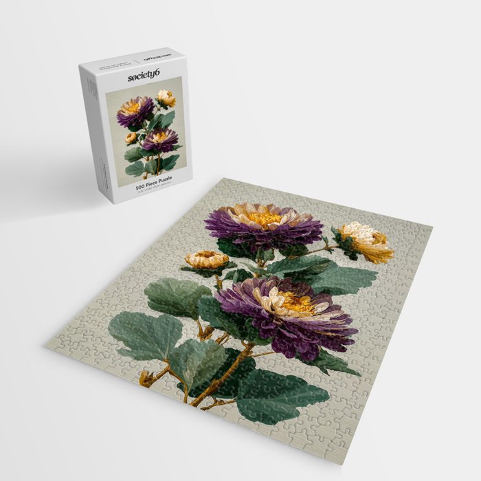 Birthflower Gift Aster Flower Art Floral Print Japanese Wall Art Poster Birthday Painting for her Jigsaw Puzzle Gallery Image 2