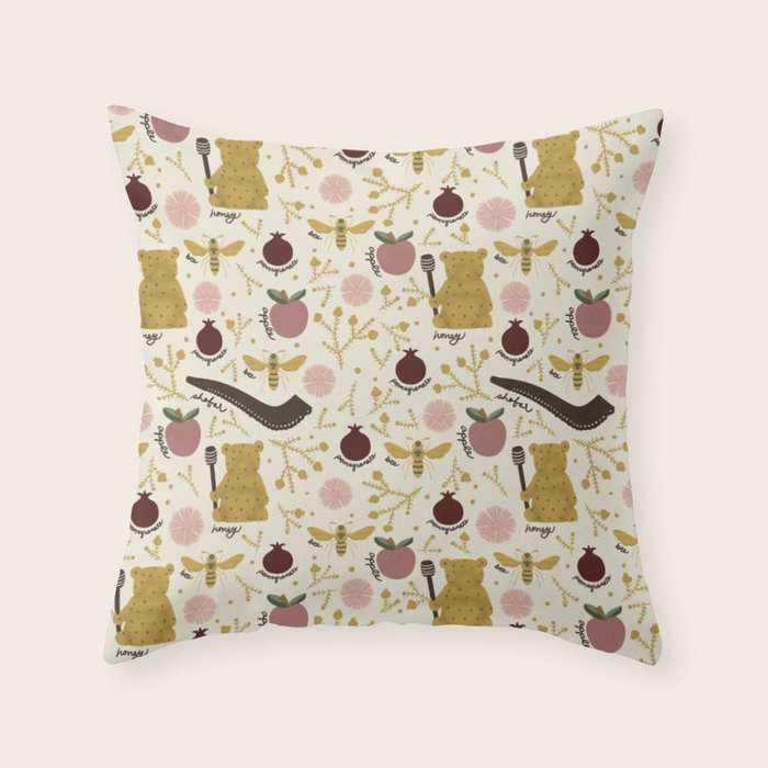 Honey Bear & Bee, Shofar, Pomegranate, and Apple for Rosh Hashanahs Throw Pillow Gallery Image 6