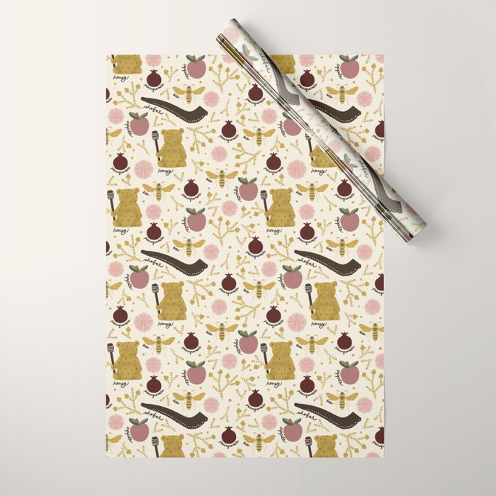 Honey Bear & Bee, Shofar, Pomegranate, and Apple for Rosh Hashanahs Wrapping Paper Gallery Image 1
