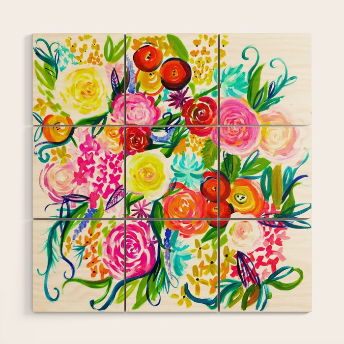 Bright Colorful Floral painting Wood Wall Art Gallery Image 1