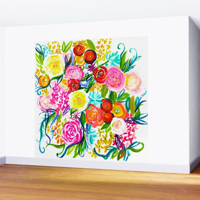 Bright Colorful Floral painting Wall Mural Gallery Image 2
