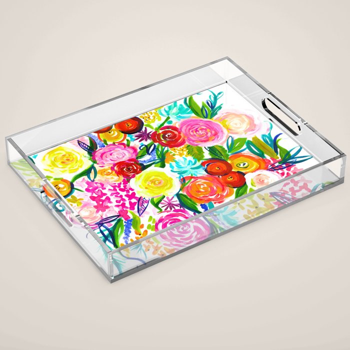 Bright Colorful Floral painting Acrylic Tray Gallery Image 1