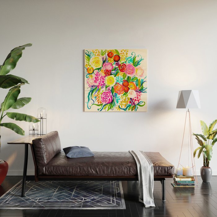Bright Colorful Floral painting Wood Wall Art Gallery Image 2