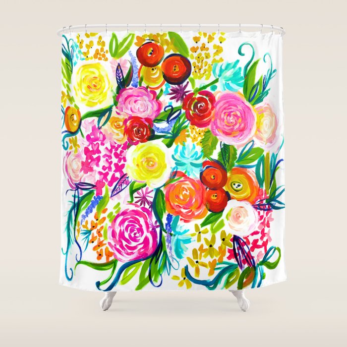 Bright Colorful Floral painting Shower Curtain Gallery Image 1