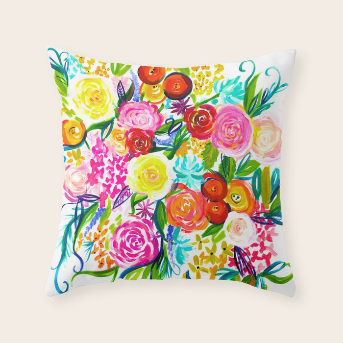 Bright Colorful Floral painting Throw Pillow Gallery Image 1