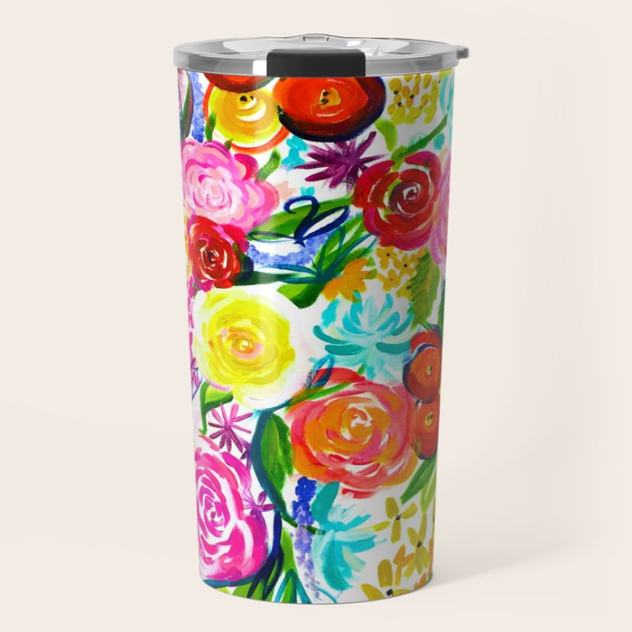 Bright Colorful Floral painting Travel Mug Gallery Image 1