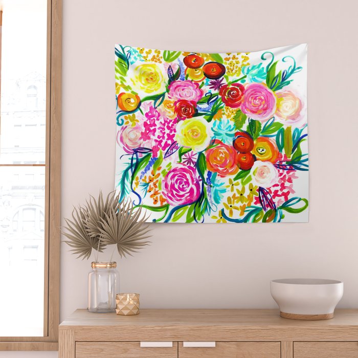 Bright Colorful Floral painting Wall Tapestry Gallery Image 2