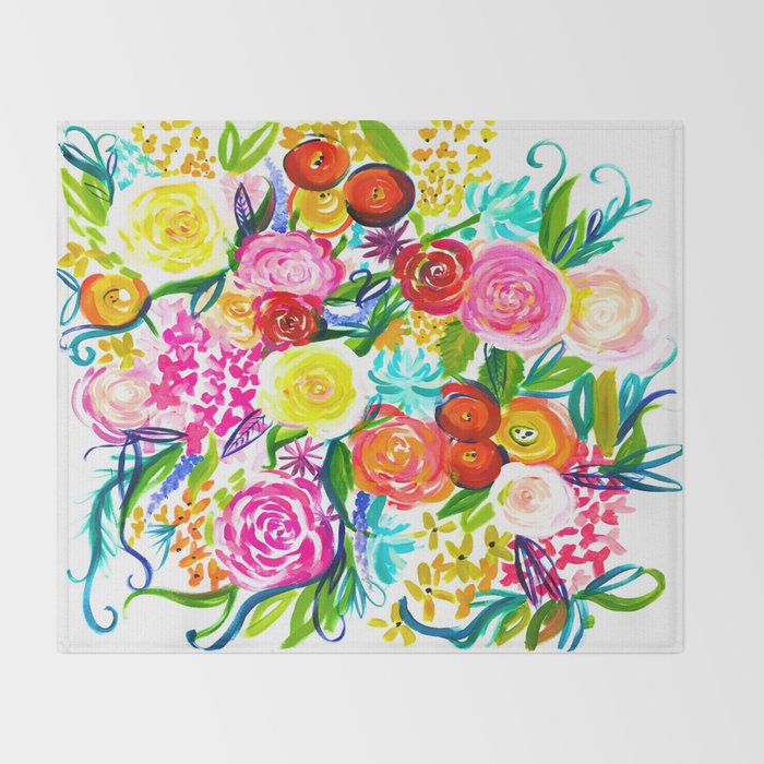 Bright Colorful Floral painting Throw Blanket Gallery Image 2