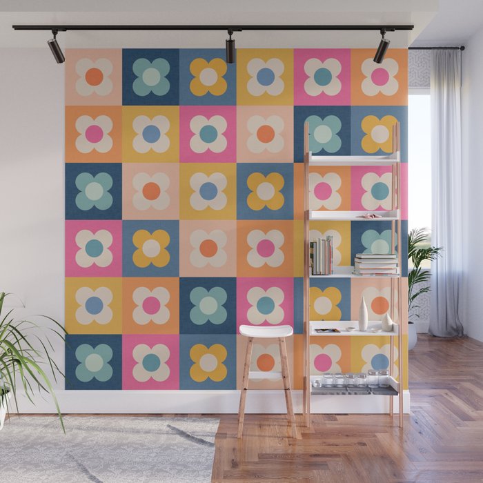Floral checkerboard Wall Mural Gallery Image 1