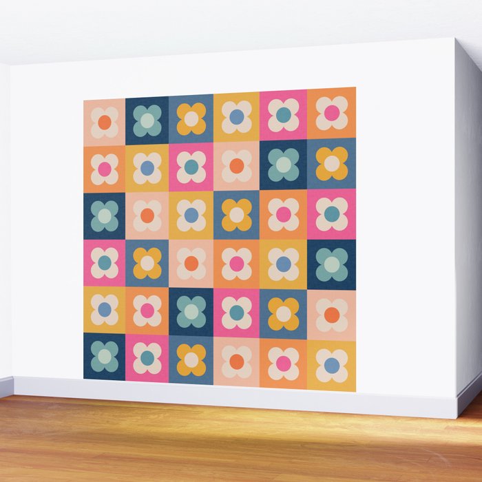 Floral checkerboard Wall Mural Gallery Image 2