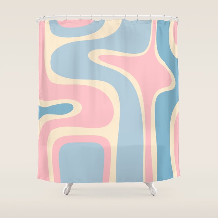 Retro Abstract Copacetic Pattern Pastel Pink and Blue Shower Curtain Gallery Image 1